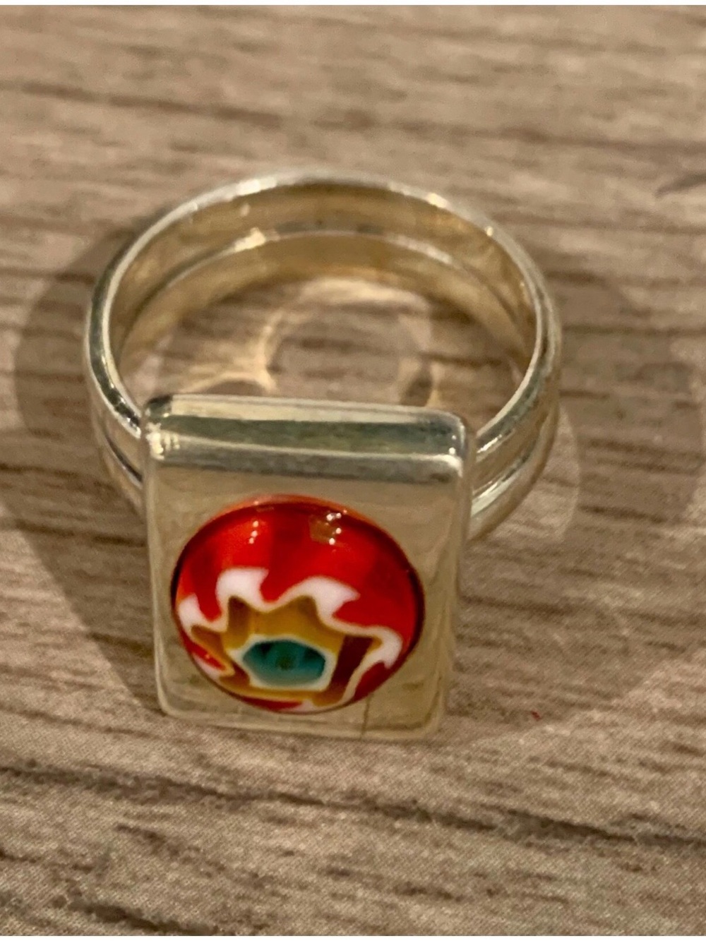 Silver 950 Ring with Red Multicolor Glass Accent